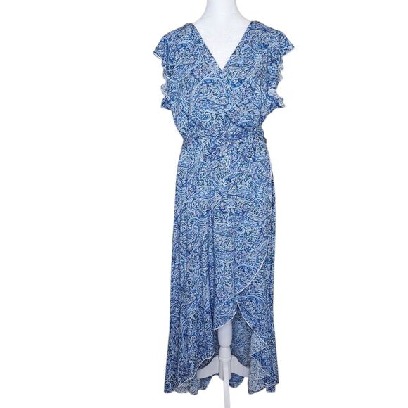 Grecerelle Hi Low Dress Faux Wrap Front Flutter Sleeve Blue Paisley Print XL - Picture 1 of 14